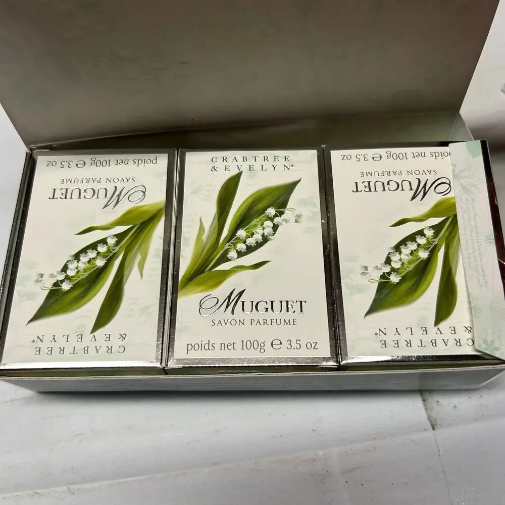 Vtg Crabtree & Evelyn Lily of the Valley Muguet Perfumed Bath Soap Set 3 X 3.5oz